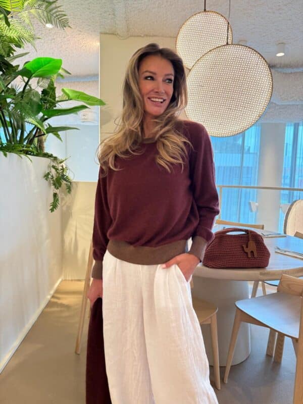 LENA - Knit Top - Color Block - Bordeaux & Brown - Image 2