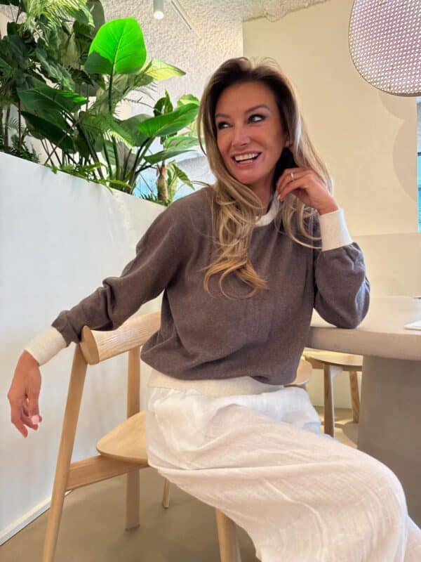 LENA - Knit Top - Color Block - Taupe & White - Image 2