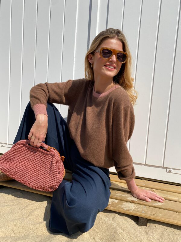 LENA - Knit Top - Color Block - Pink & Dark Brown