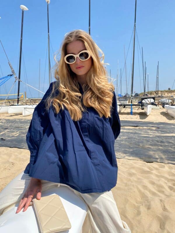 CLEO - Cotton Blouse with Puff Sleeves Navy