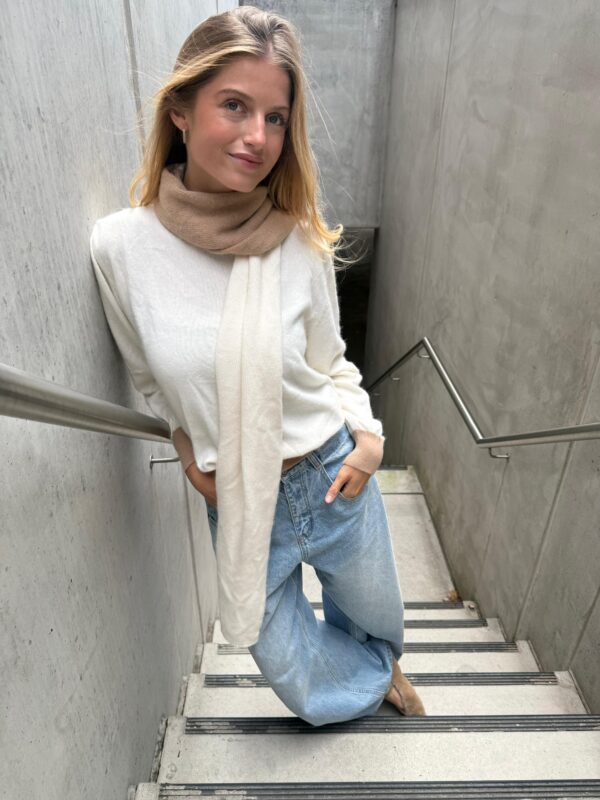 LENA - Knit Top - Color Block - White & Camel