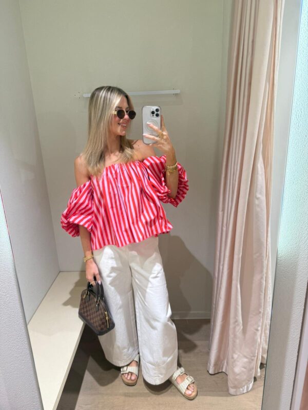 RED STRIPED OFFSHOULDER BLOUSE - ONE SIZE